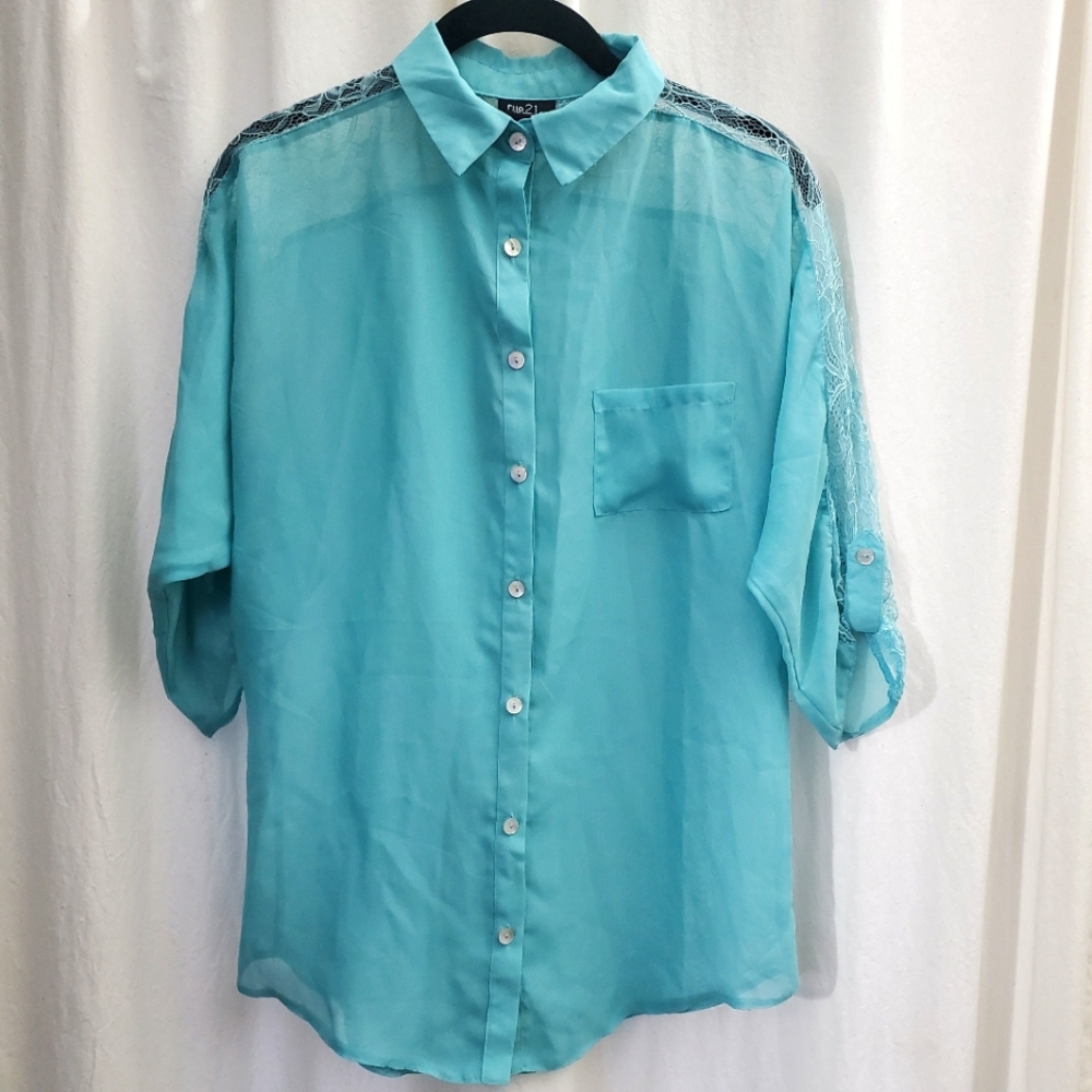 LAST CHANCE! Small Teal Sheer Top Rue21 Turquoise Blue Shirt Collared Button up